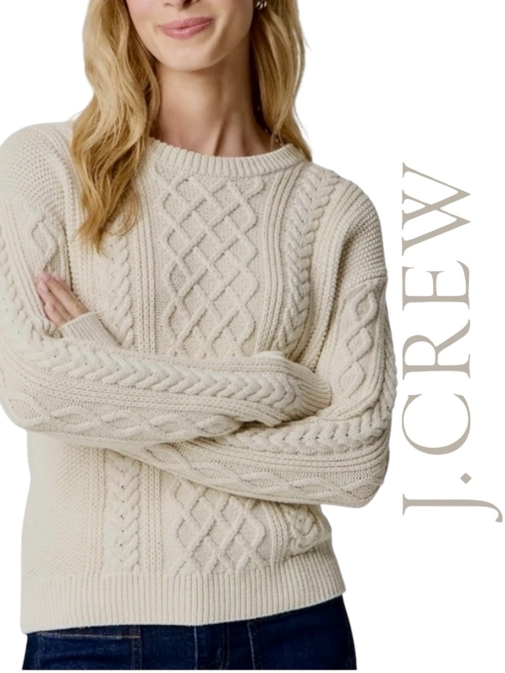 NWT J. Crew Cable-Knit Crewneck Sweater in Natural • Size XXS • Natural • CN045